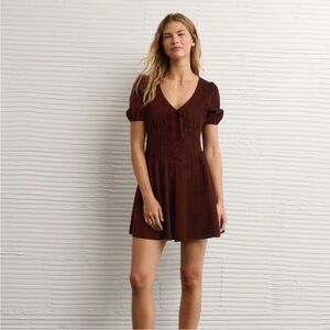 NWT American Eagle Brown Corduroy V-Neck Basque Waist Mini Dress *flaw